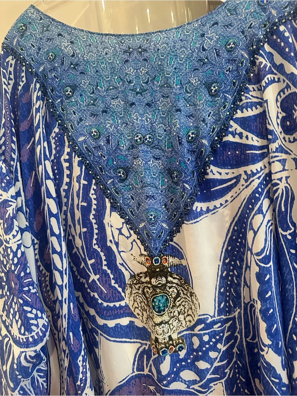 Camilla Blue Paisley kaftan 100% silk with Swarovski beads. Celebrity worn